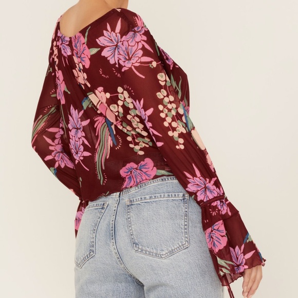 Free People Top Floral Print Of Paradise Tie Front Crop Boho Blouse Burgundy - Picture 7 of 12